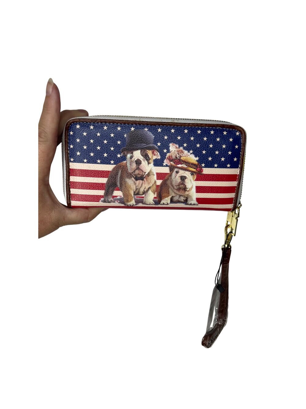 Brentano Vegan Leather USA Bulldog Double Zip Wristlet Wallet Abbie & Buddy NEW